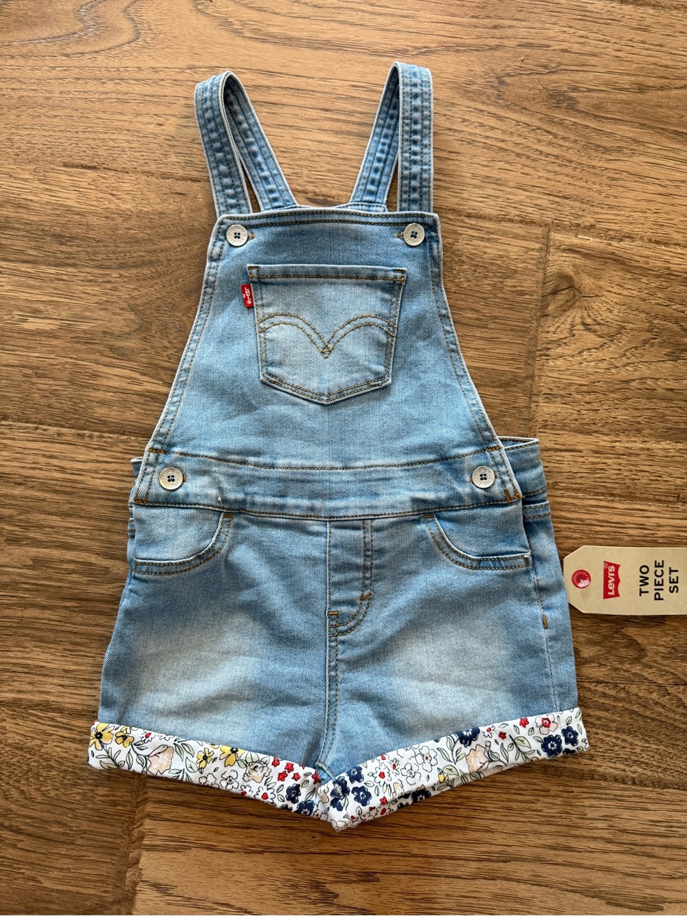 NWT Levi's Light Blue Denim Floral Cuff Girls' Short Overalls 3T